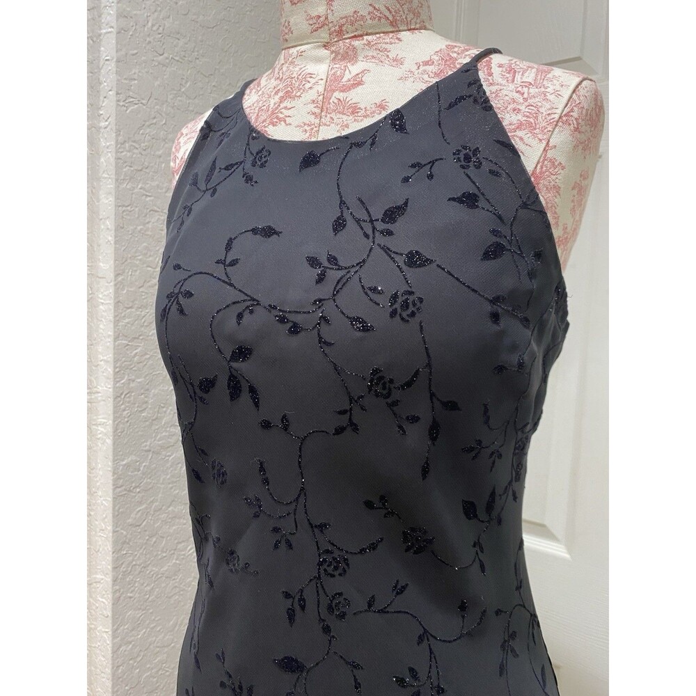 VTG 90s Y2K Black Floral Embellished Gown Dress Sz 12 Fringe Whimsygoth Romantic